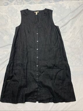 Eileen Fisher Organic Linen Black Longline Sleeveless Tunic Top With Pockets Sm